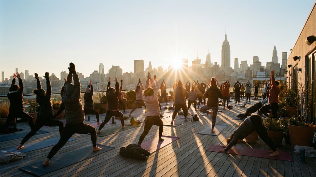 Panoramic shot of a rooftop yoga class at sunrise, multiple practitioners in different poses