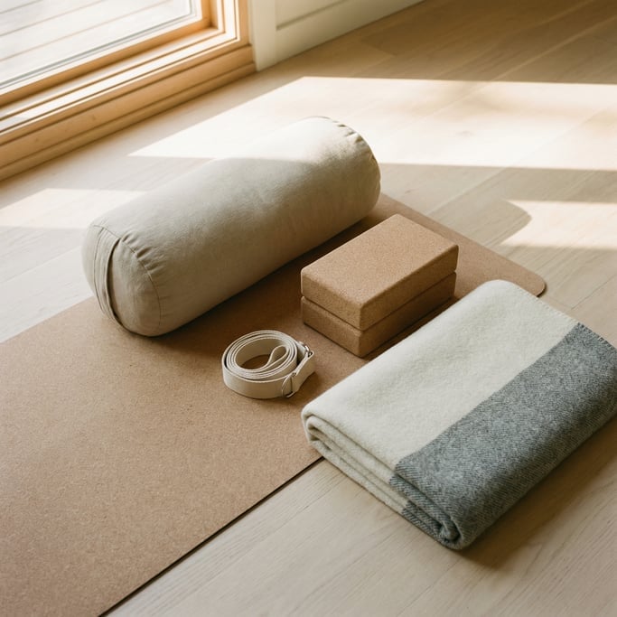 Overhead shot of a yoga mat with a bolster, two blocks, a strap, and a blanket neatly arranged