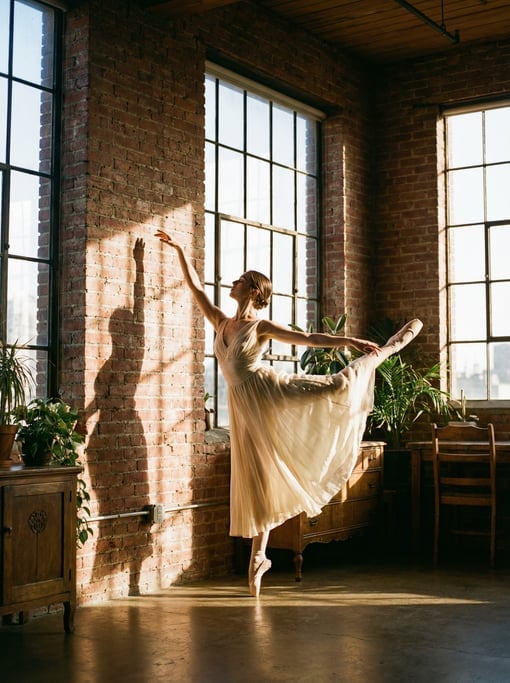 Dancer in a graceful arabesque pose in a sunlit loft studio with brick walls and tall windows