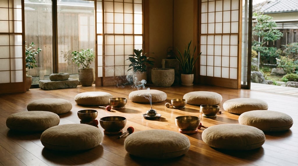 Wide shot of a serene meditation space with floor cushions in a circle, singing bowls