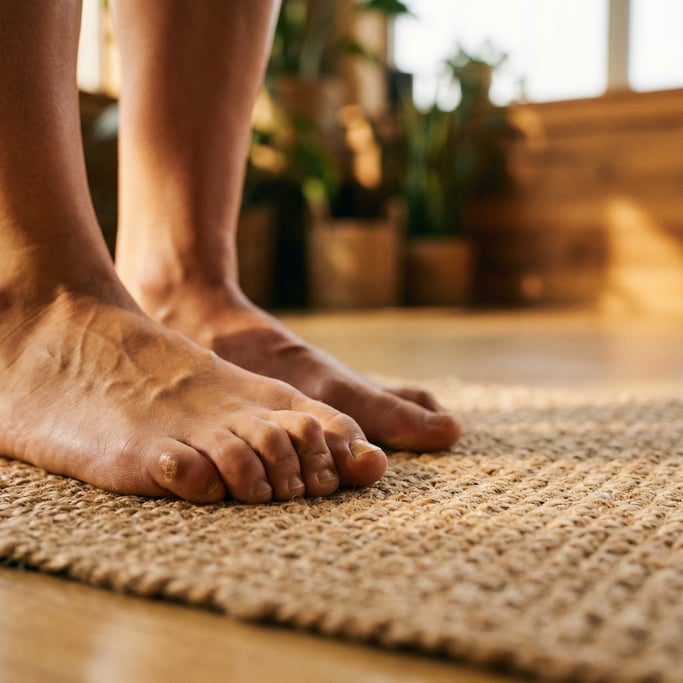 Close-up of bare feet on a textured yoga mat, toes gripping the surface, shallow depth of field