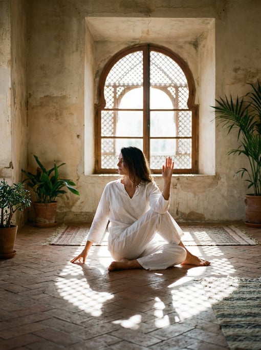 Yoga practitioner in a seated spinal twist on a terracotta floor, wearing white linen