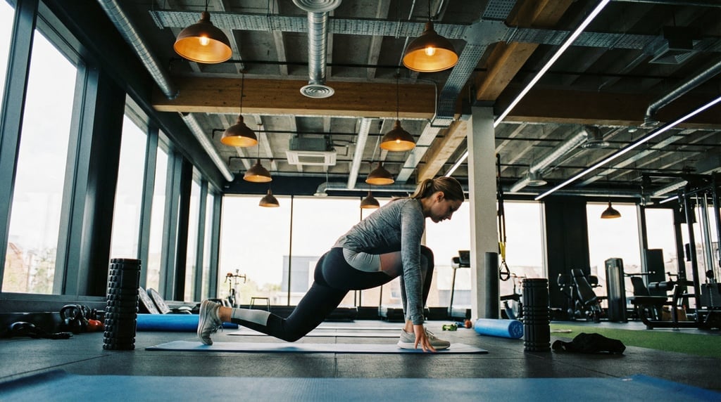 Stretching session in a modern gym, athlete in a deep lunge stretch, foam rollers and mats nearby