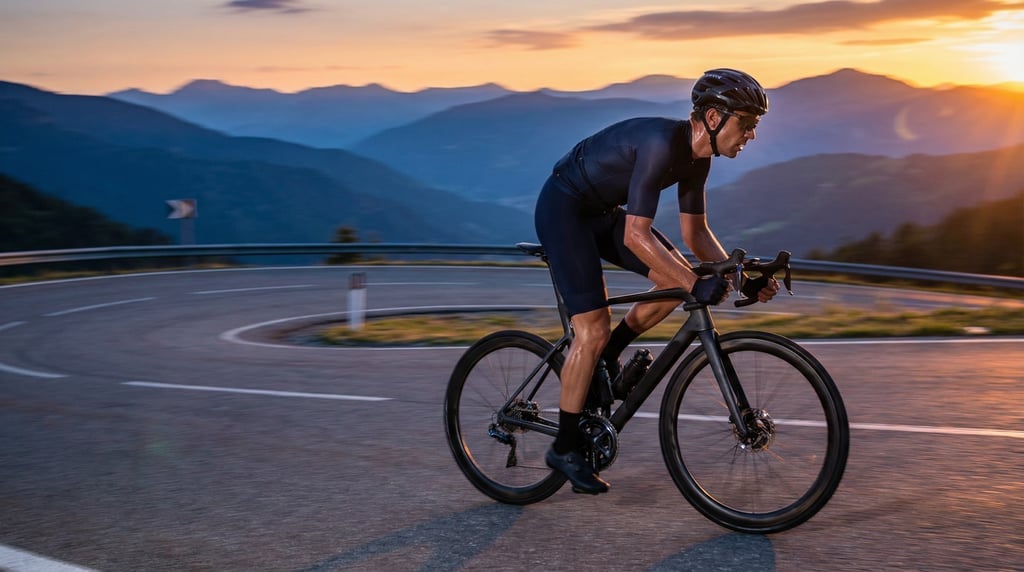 Road cyclist in sleek dark kit racing along a mountain switchback road at golden hour