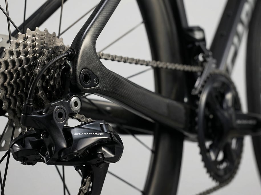 Close-up detail of a carbon fiber road bike frame and rear derailleur