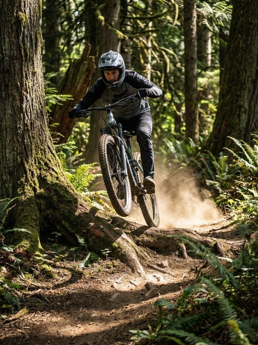 Mountain biker navigating a steep rocky trail through dense forest