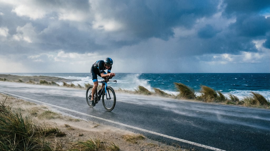 Wide shot of a cycling time trial on a flat coastal road, lone rider in aerodynamic position