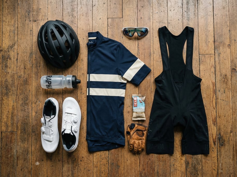 Flat lay of cycling gear on wooden floor: helmet, jersey, bib shorts, shoes, gloves, sunglasses