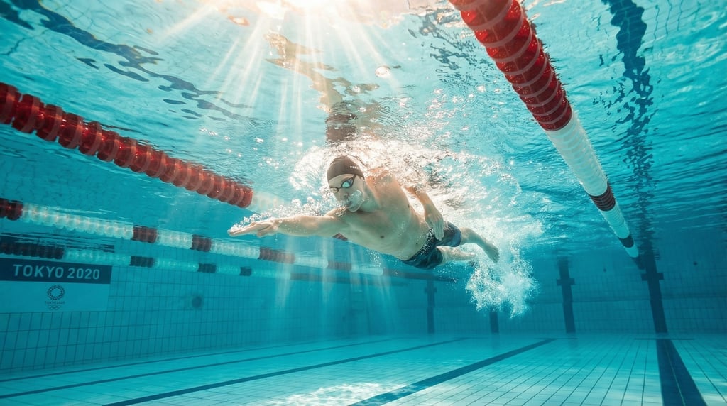 Swimmer mid-freestyle stroke in a crystal-clear Olympic pool
