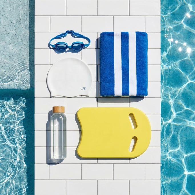 Flat lay of swimming gear on white tiles: goggles, swim cap, towel, water bottle, and a kickboard