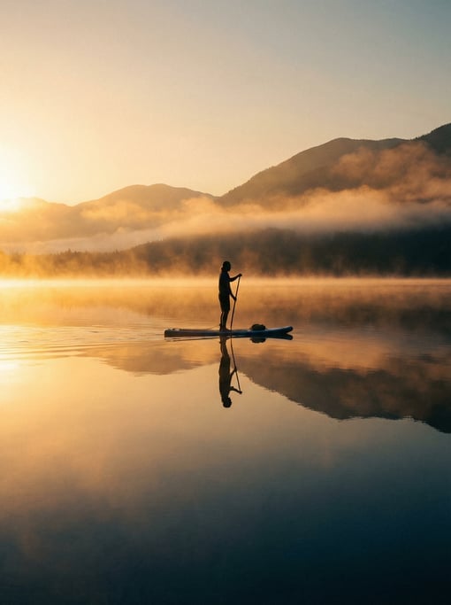 Paddleboarder standing on a calm glassy lake at sunrise, perfect reflection in the water