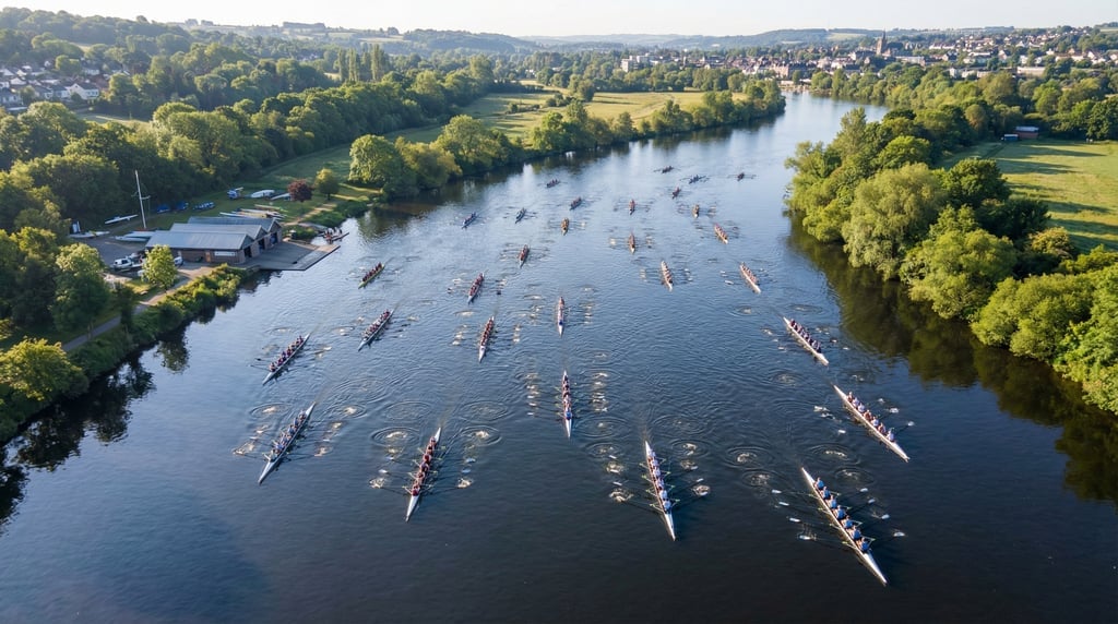 Aerial view of competitive rowing shells on a river