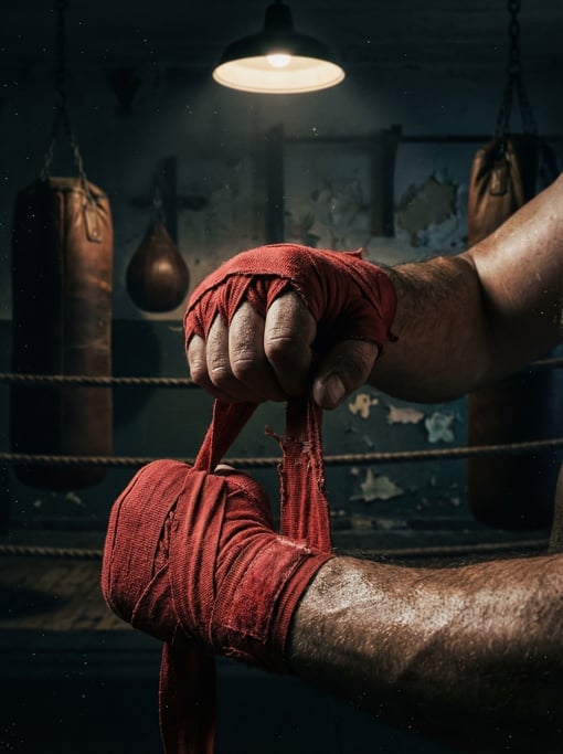 Close-up of a boxer wrapping hands with red cotton hand wraps