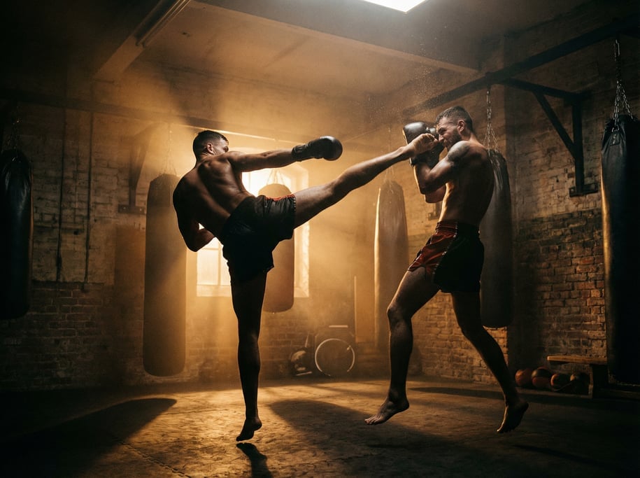 Two kickboxers sparring in a dark training gym, one throwing a high roundhouse kick