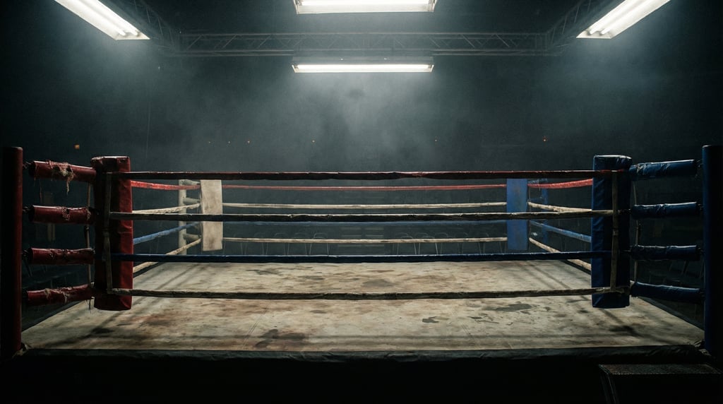 Wide shot of an empty boxing ring under harsh overhead lights, worn canvas floor, red corner pad