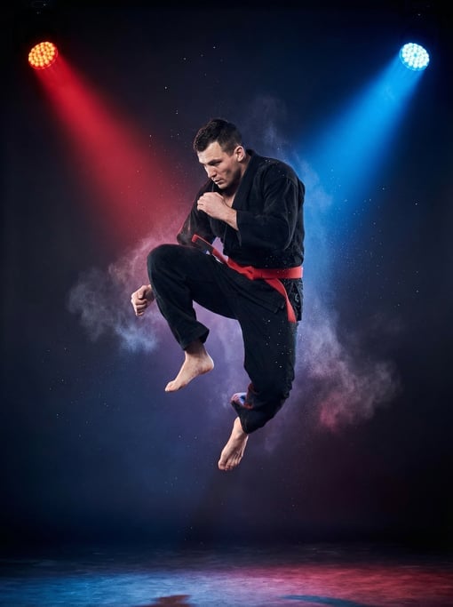 Martial artist executing a flying knee strike, frozen mid-air