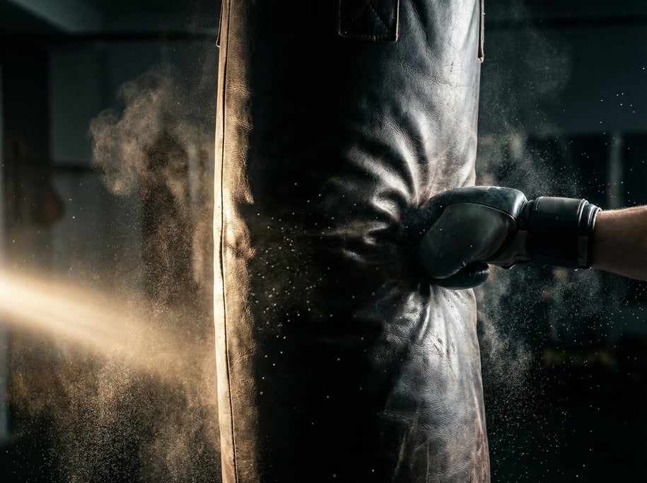 Close-up of a heavy punching bag being struck, the leather surface deforming on impact