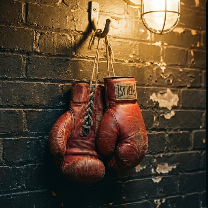 Detail shot of a pair of well-worn boxing gloves hanging by their laces from a metal hook