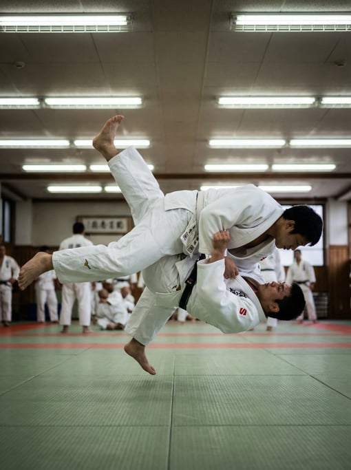 Judoka executing a hip throw, both athletes mid-air, white gi uniforms flowing with the motion