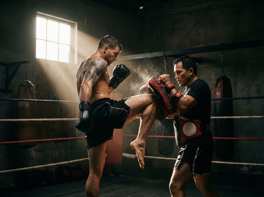 Muay Thai fighter doing pad work with a trainer, knee strike connecting with Thai pads