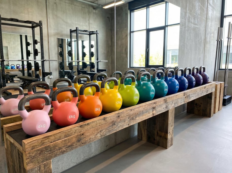 Row of colorful kettlebells arranged by weight on a wooden rack