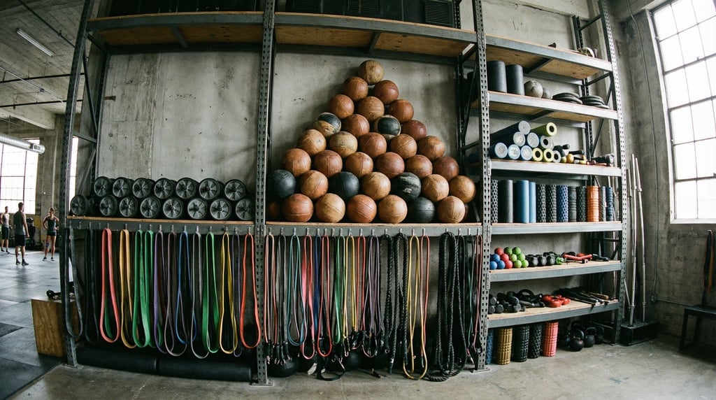 Wide shot of a gym equipment wall: medicine balls stacked in a pyramid, ab wheels