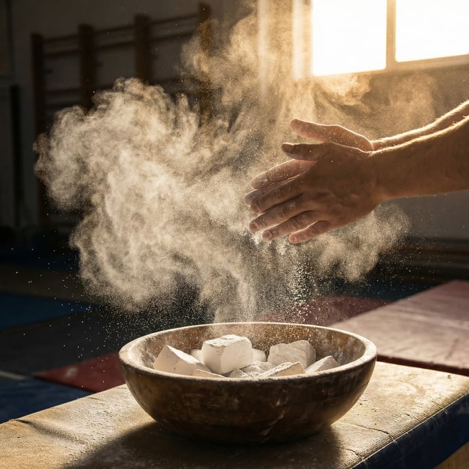 Close-up of a gymnastic chalk bowl with a cloud of white chalk dust in the air