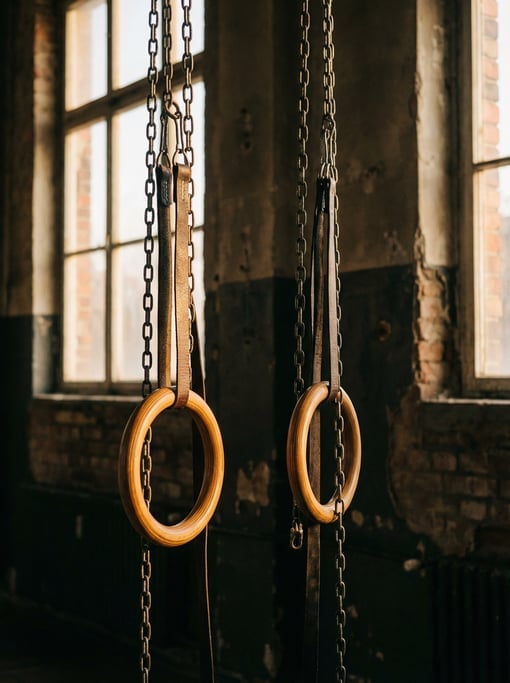 A pair of wooden gymnastic rings hanging from chains against a dark gym wall