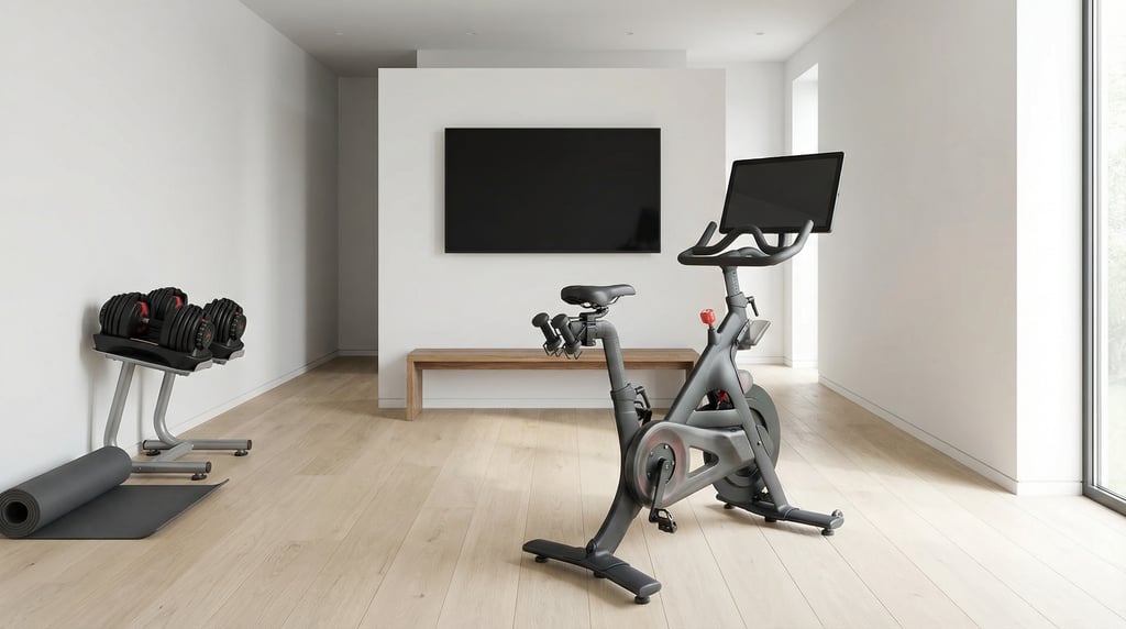 Modern home gym setup with a Peloton-style bike, adjustable dumbbells, yoga mat