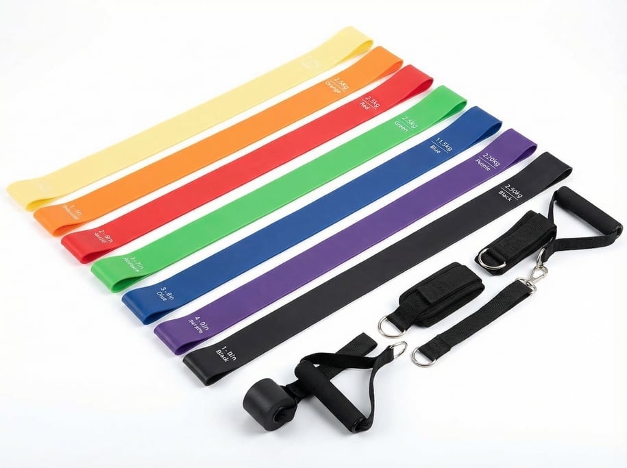 Neatly arranged resistance band set in graduating colors from yellow to black