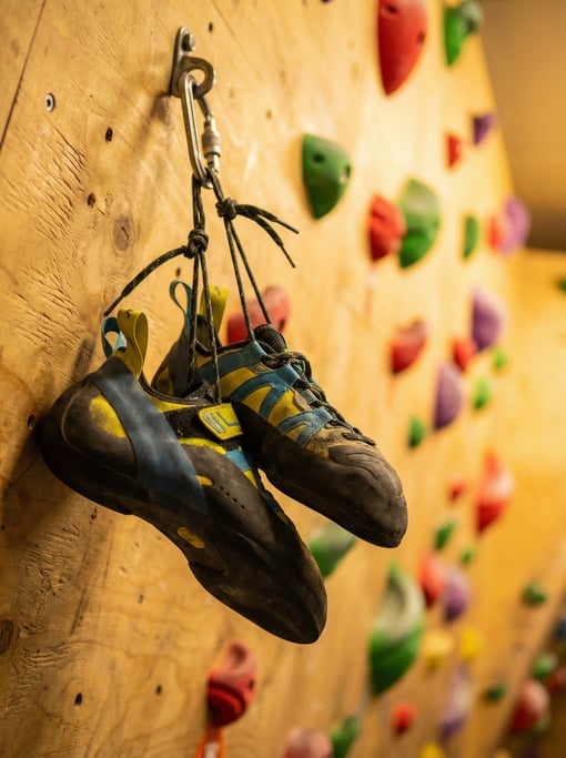 Climbing shoes hanging by their laces from a carabiner on a climbing wall