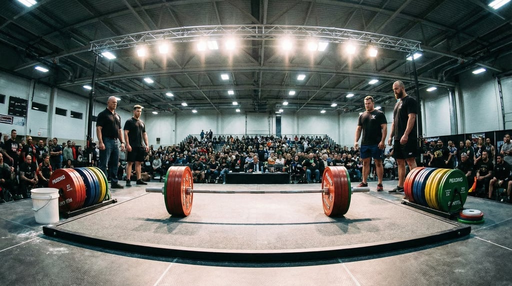 Panoramic shot of a competition powerlifting platform with calibrated plates stacked on either side