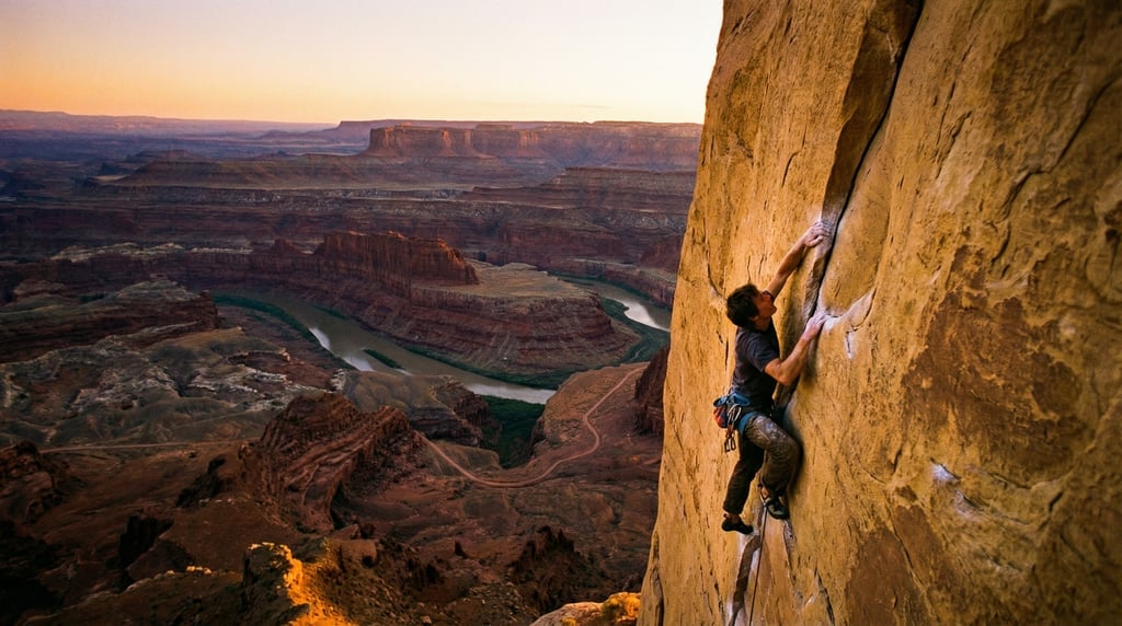 Rock climber scaling a golden sandstone cliff face at sunset