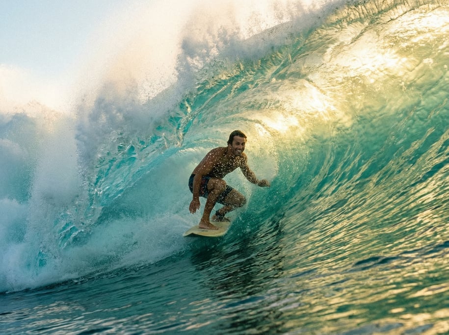 Surfer riding inside a curling wave barrel, turquoise water walls and white foam ceiling