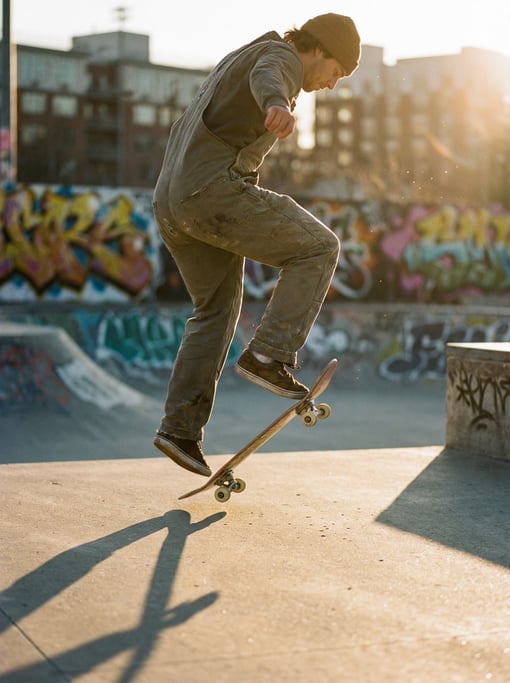 Skateboarder mid-kickflip at a concrete skatepark during golden hour, board spinning beneath feet