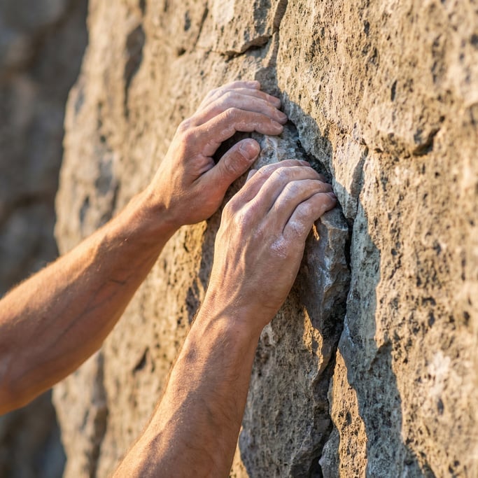 Close-up of climbing chalk-covered hands on a limestone rock face, fingers crimping a small hold