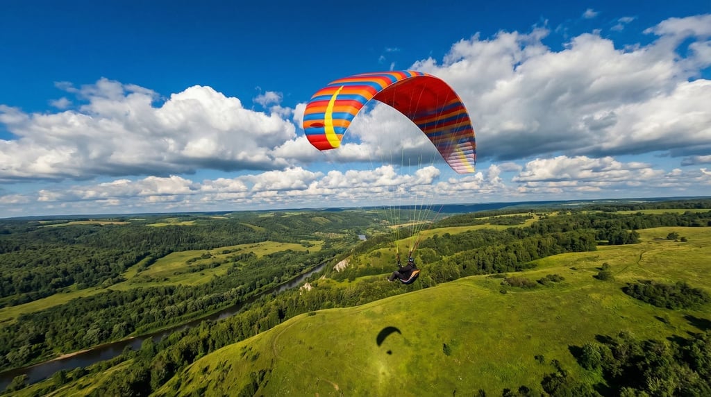Paraglider soaring above a green valley