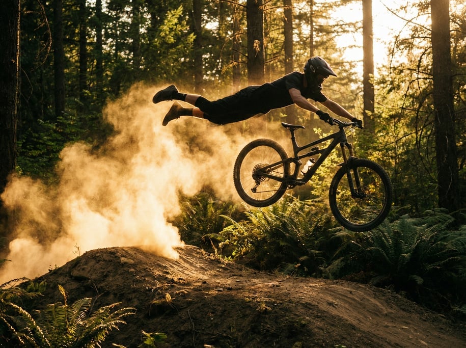 Mountain biker catching air off a dirt jump, fully extended in the air, dust cloud behind