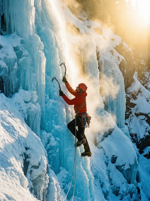 Ice climber on a frozen waterfall, ice axes planted in blue ice, crampons gripping