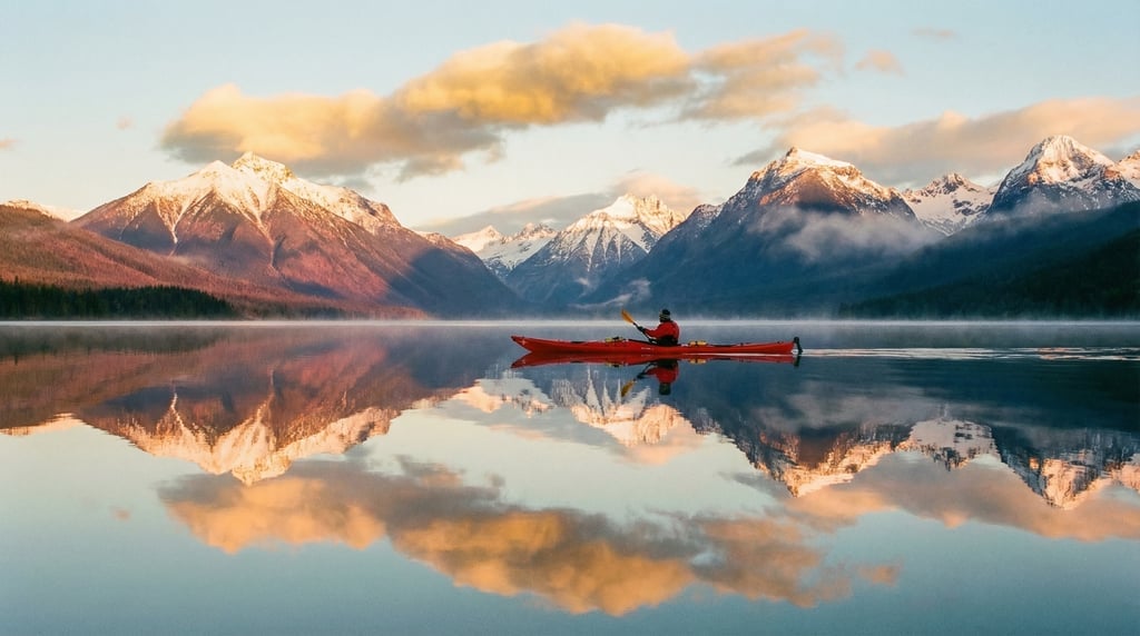 Wide shot of a kayaker in a red kayak on a glassy mountain lake at dawn