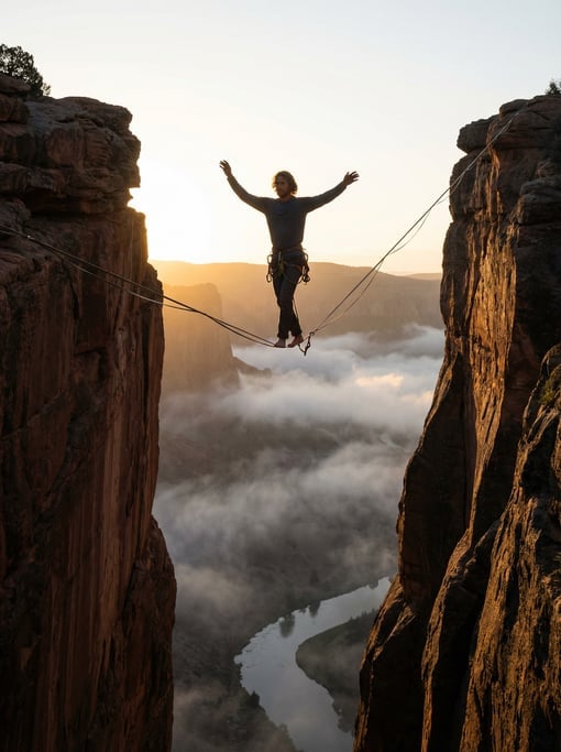 Slack-liner walking a highline between two cliff faces above a misty valley