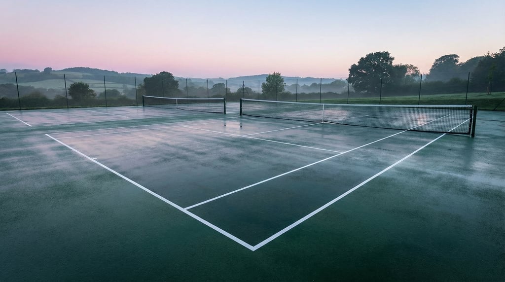 Empty modern tennis court at dawn with morning dew on the surface