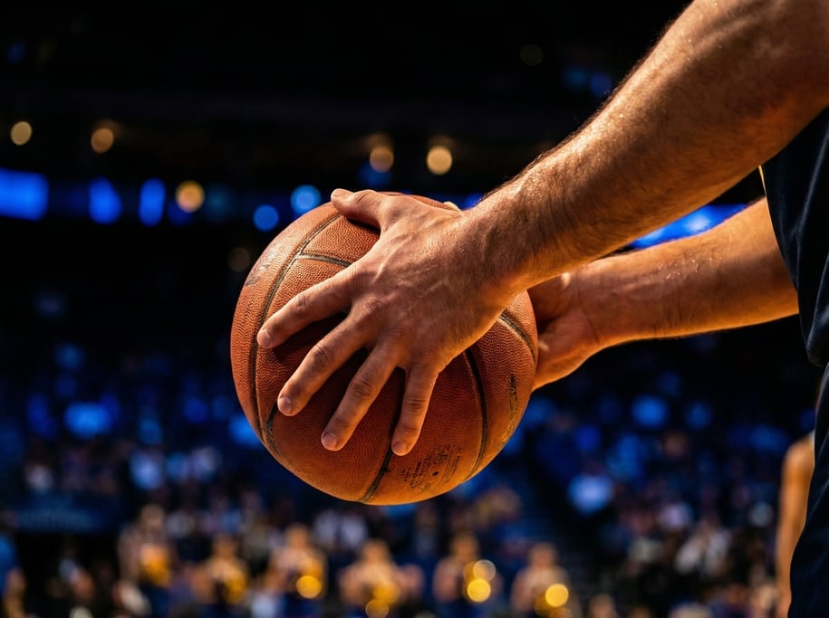 Close-up of a basketball players hands palming a ball