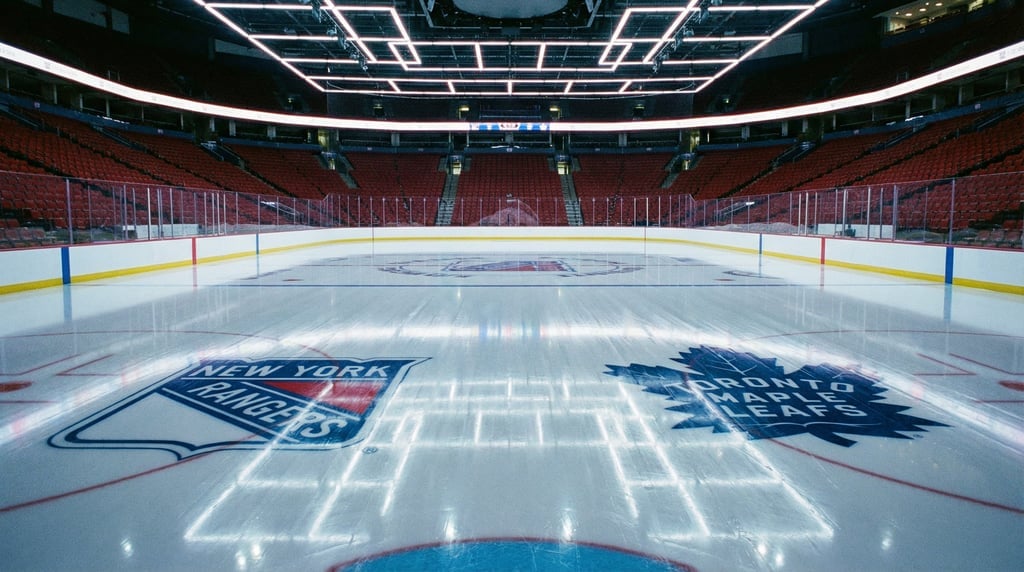 Wide shot of an empty ice hockey rink with the freshly resurfaced ice reflecting the overhead lights