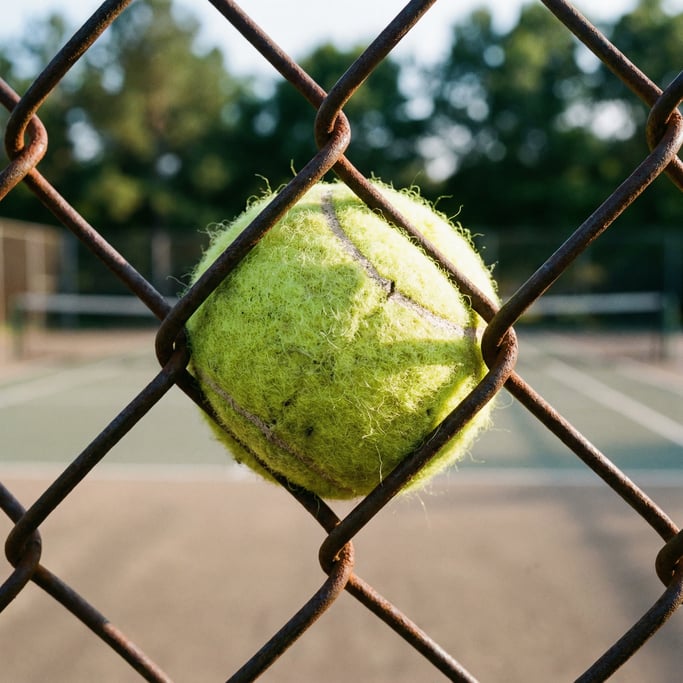 Detail shot of a tennis ball in a chain-link fence, the bright yellow-green felt texture sharp