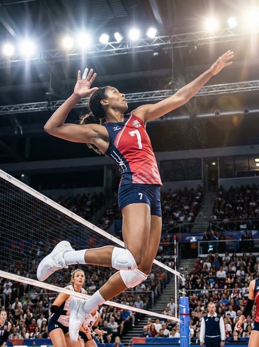 Volleyball player at the peak of a spike jump, arm cocked back, net visible below