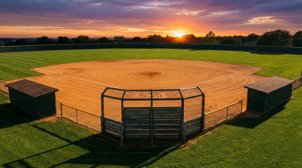 Wide shot of an empty baseball diamond at sunset, the infield dirt glowing warm amber