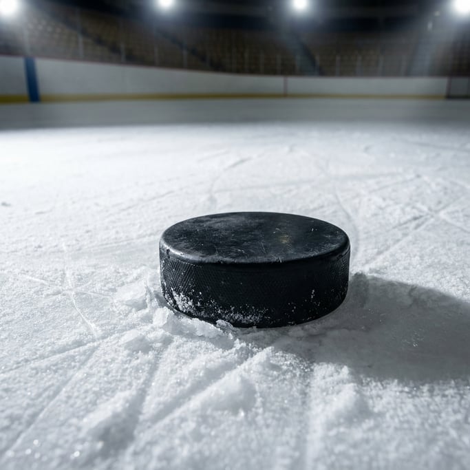 Close-up of a hockey puck on ice, the black rubber disc against white ice