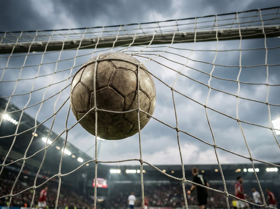 Close-up of a soccer ball hitting the back of the net, the net bulging with the impact
