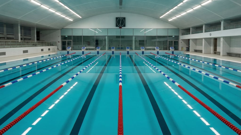 Empty Olympic swimming pool with eight lanes